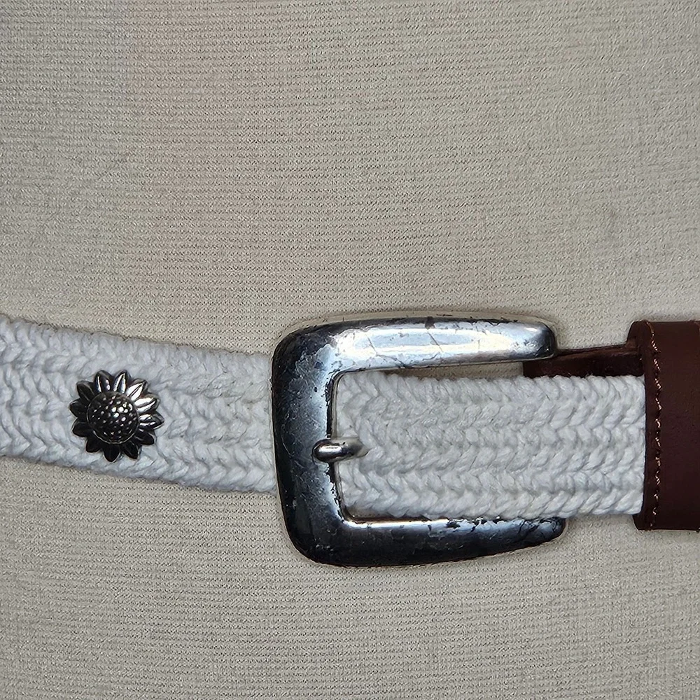 Fossil Women's Braided Cord Belt White Brown Leather Sunflower Concho S M